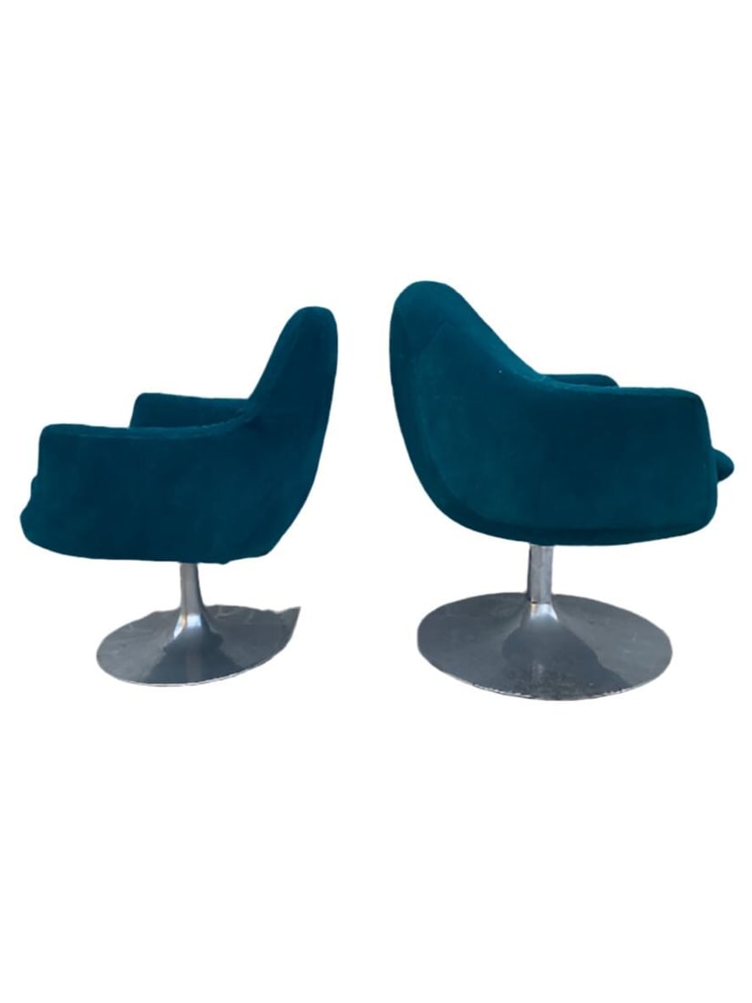 Mid Century Modern Aluminum Swivel Tulip Base Side Chairs Newly Upholstered in Teal Suede - Set of 2 - 4
