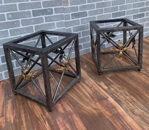 Vintage Forged Wrought Iron Side Tables with Gilded Leaf Motif and Glass Tops - Pair - 2
