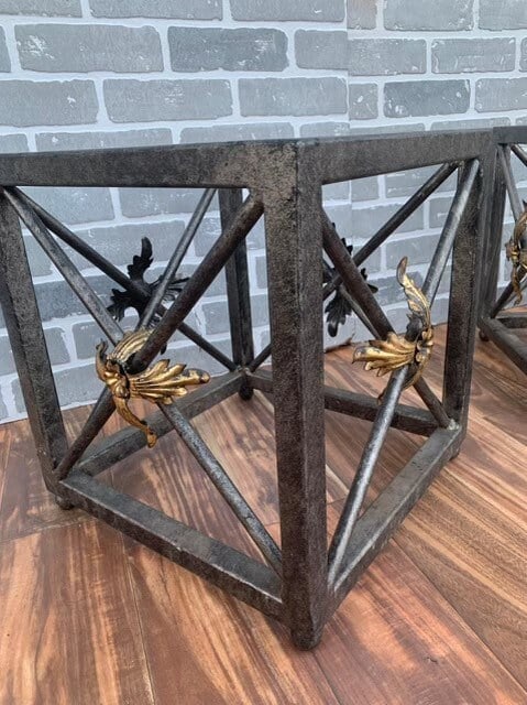 Vintage Forged Wrought Iron Side Tables with Gilded Leaf Motif and Glass Tops - Pair - 3