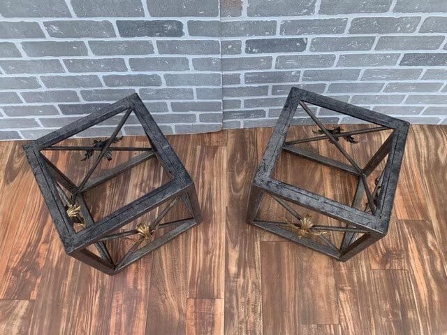 Vintage Forged Wrought Iron Side Tables with Gilded Leaf Motif and Glass Tops - Pair - 5