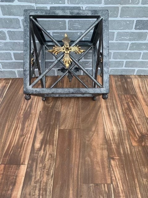 Vintage Forged Wrought Iron Side Tables with Gilded Leaf Motif and Glass Tops - Pair - 6