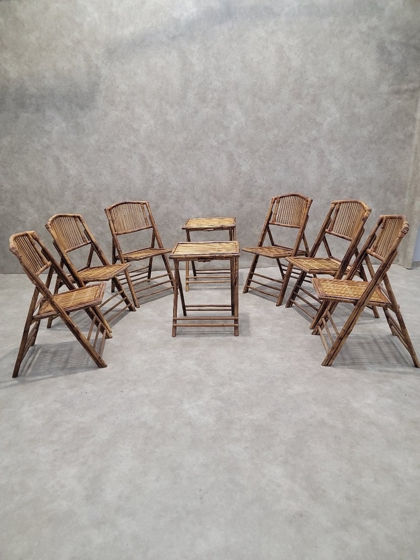 Mid Century Modern British Colonial Style Bamboo Folding Chairs with 2 Folding Bamboo Side Tables - (1 of 8)