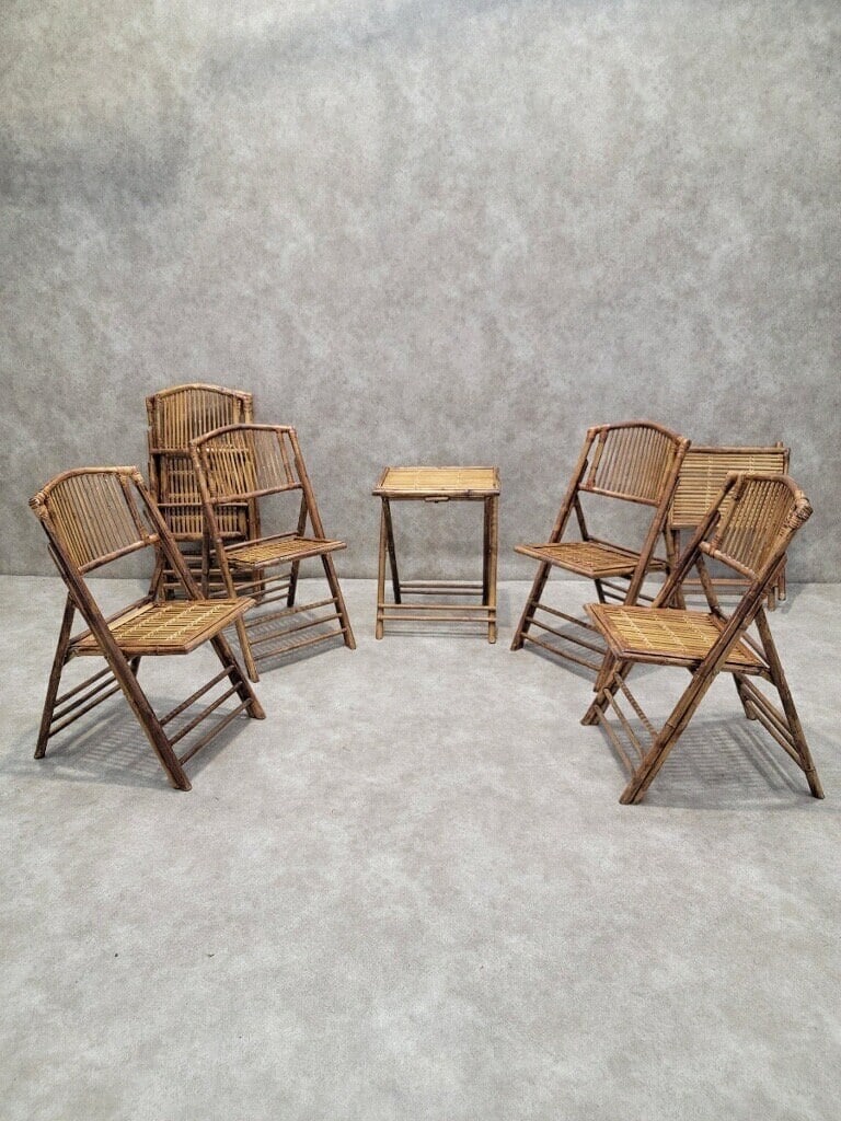 Mid Century Modern British Colonial Style Bamboo Folding Chairs with 2 Folding Bamboo Side Tables - - 2