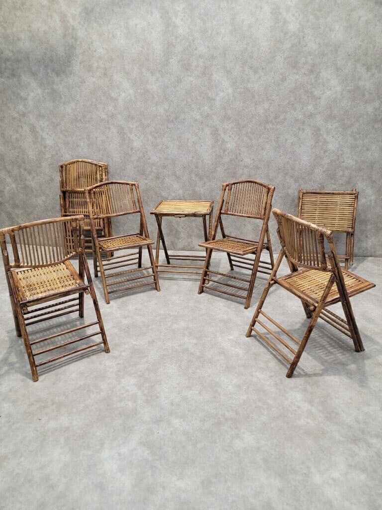 Mid Century Modern British Colonial Style Bamboo Folding Chairs with 2 Folding Bamboo Side Tables - - 3