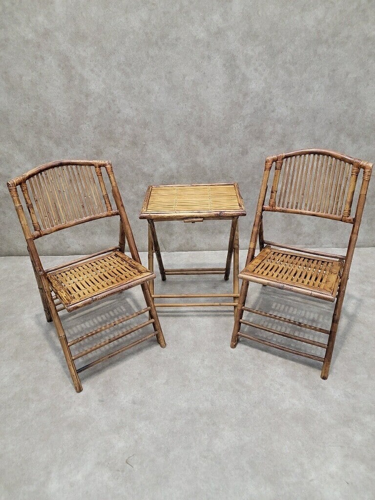 Mid Century Modern British Colonial Style Bamboo Folding Chairs with 2 Folding Bamboo Side Tables - - 4