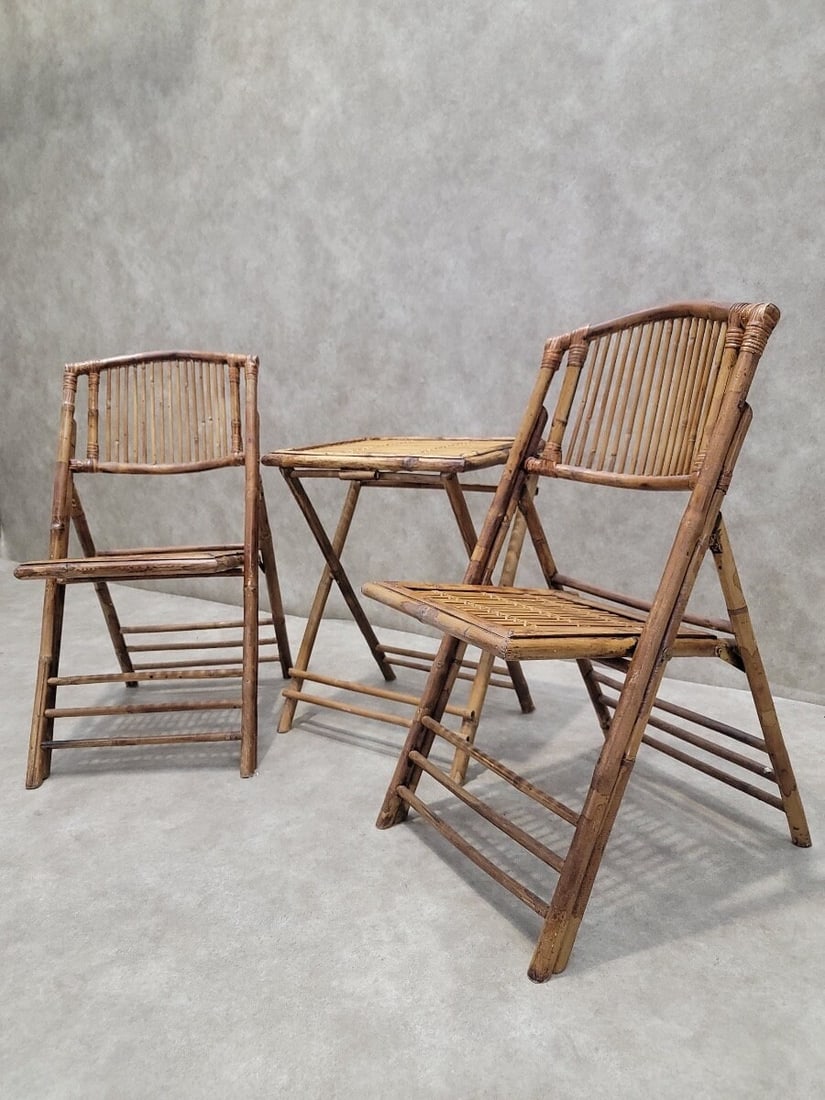 Mid Century Modern British Colonial Style Bamboo Folding Chairs with 2 Folding Bamboo Side Tables - - 5