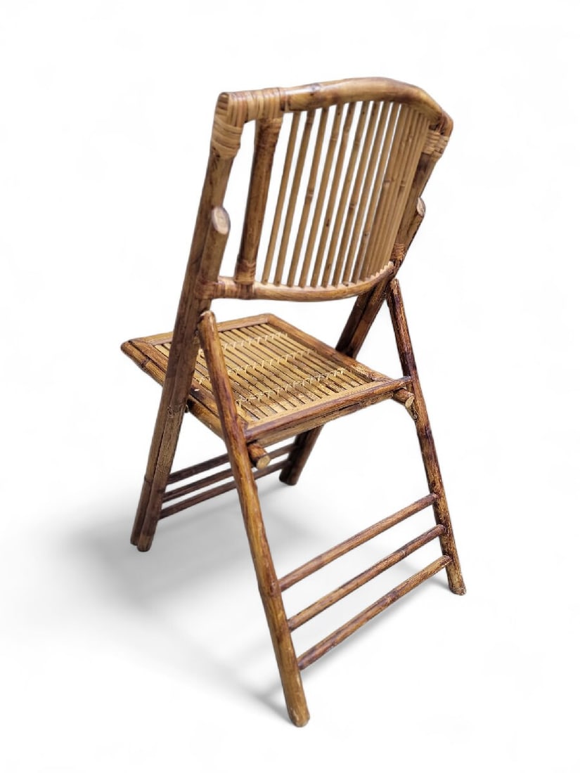 Mid Century Modern British Colonial Style Bamboo Folding Chairs with 2 Folding Bamboo Side Tables - - 8