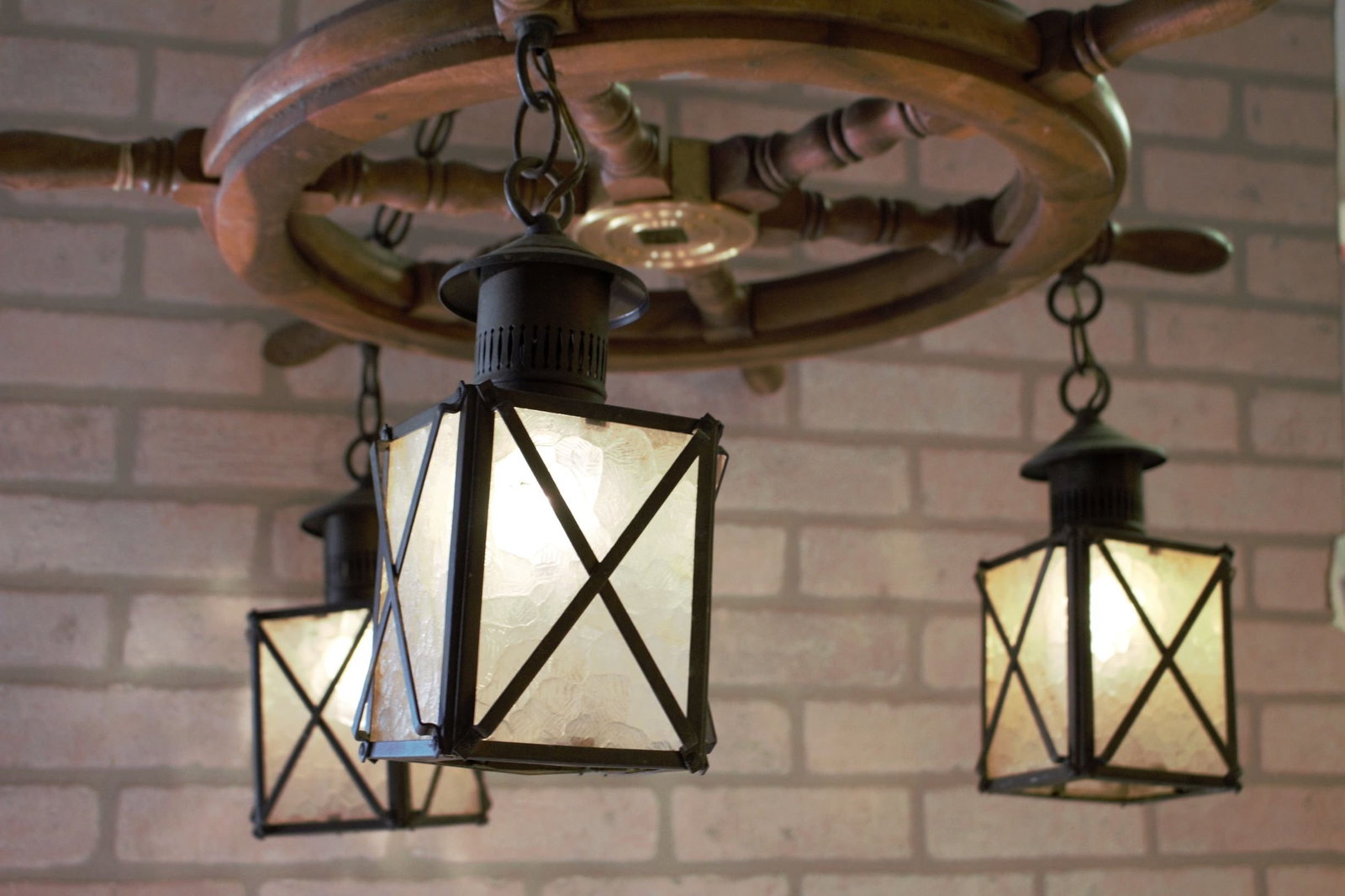 Vintage Nautical Ship Wheel Chandelier with Three Lanterns - 7