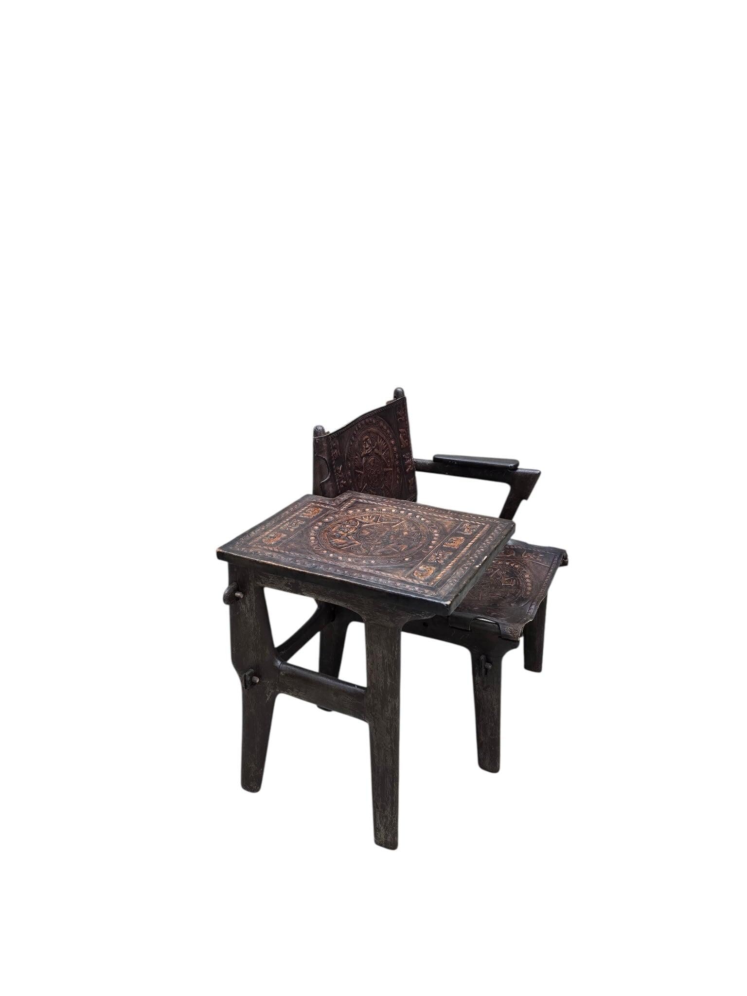 Vintage Rustic Tooled Leather Primitive Gossip Chair by Angel Pazmino - 7