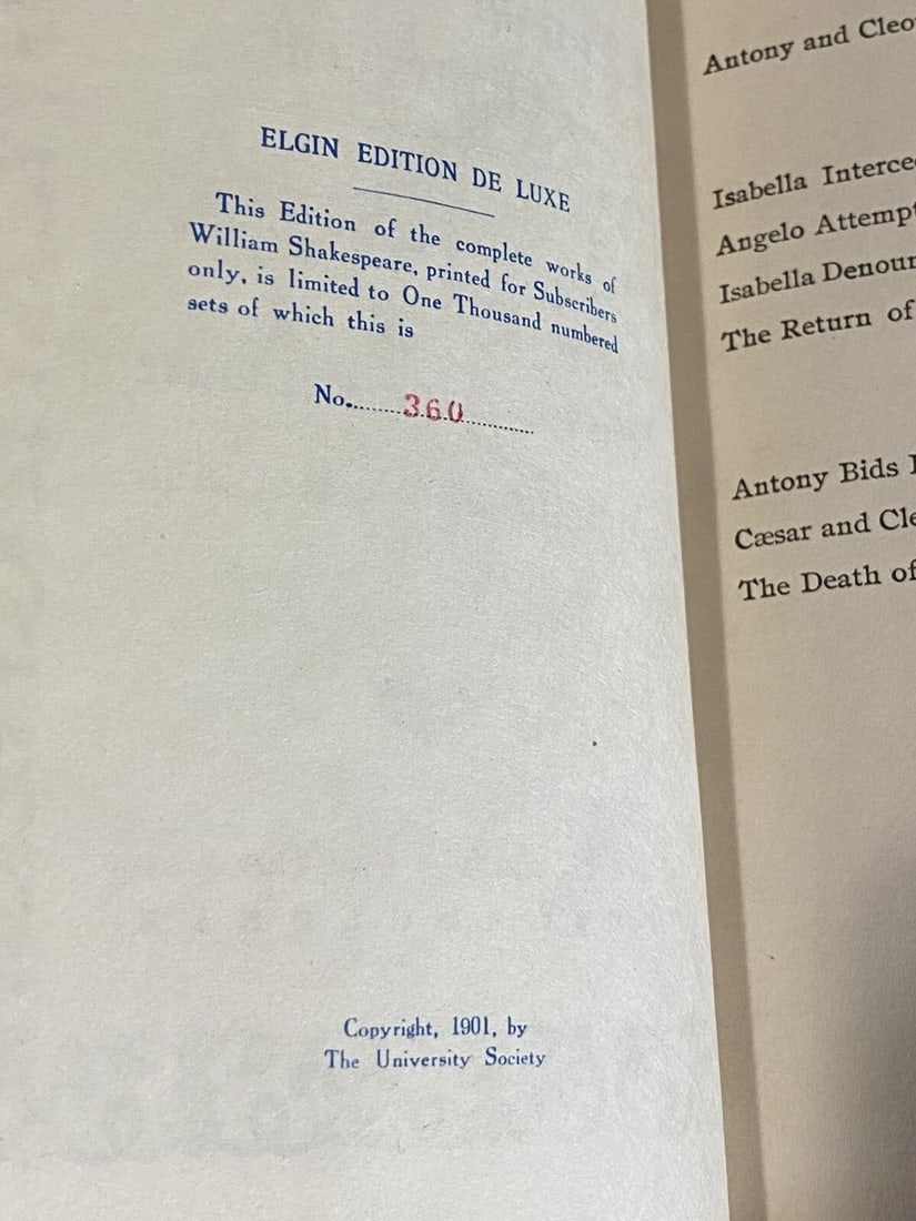 Shakespeares Works Elgin Ed. Deluxe Vol. VII Anthony&Cleopatra #360 Morris 1901 - 5