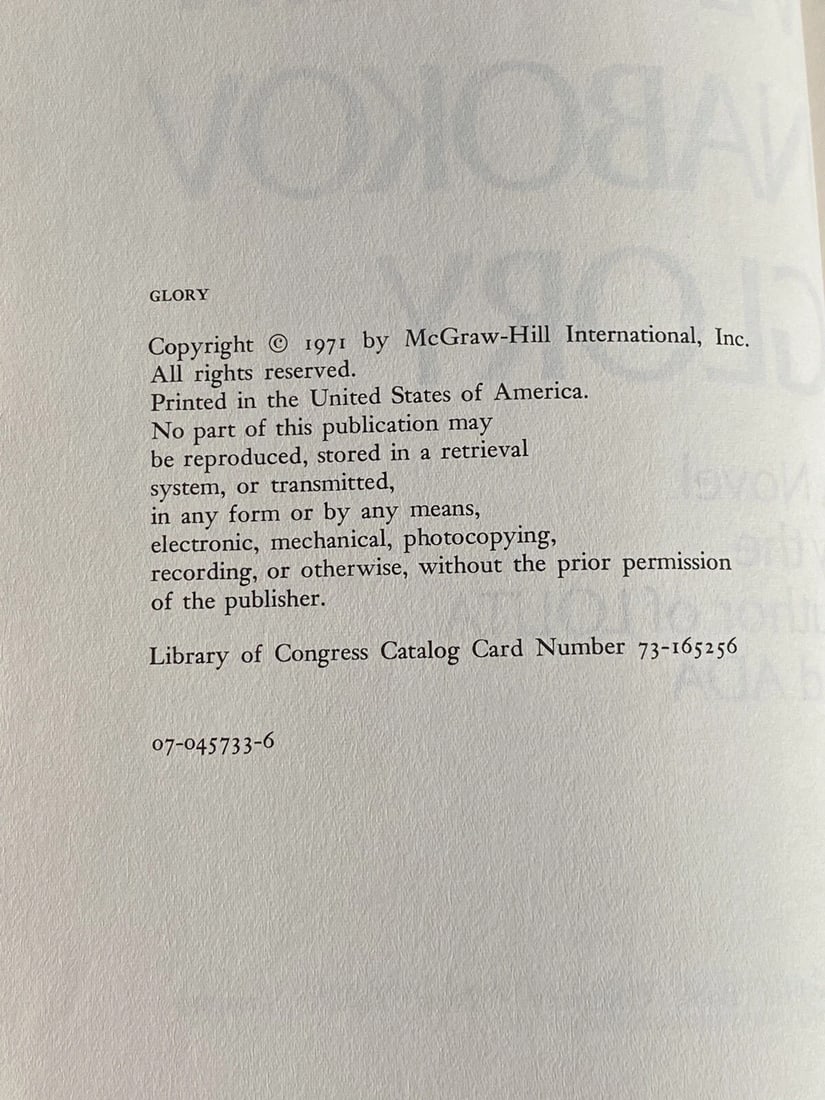 Glory by Vladimir Nabokov 1971 First American Edition HC/DJ McGraw HillVery Good - 4