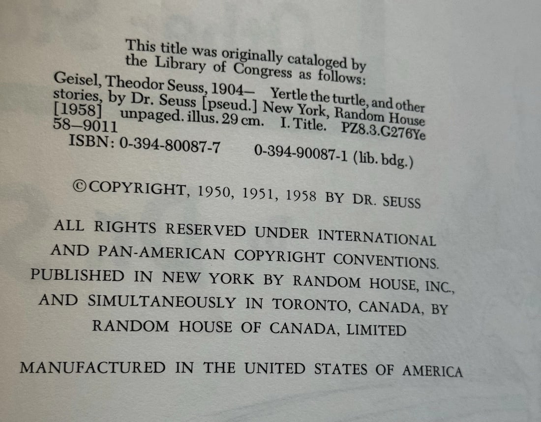 Yertle the Turtle And Other Stories Dr. Seuss HC 1st Ed 1958 Early Print Good - 4