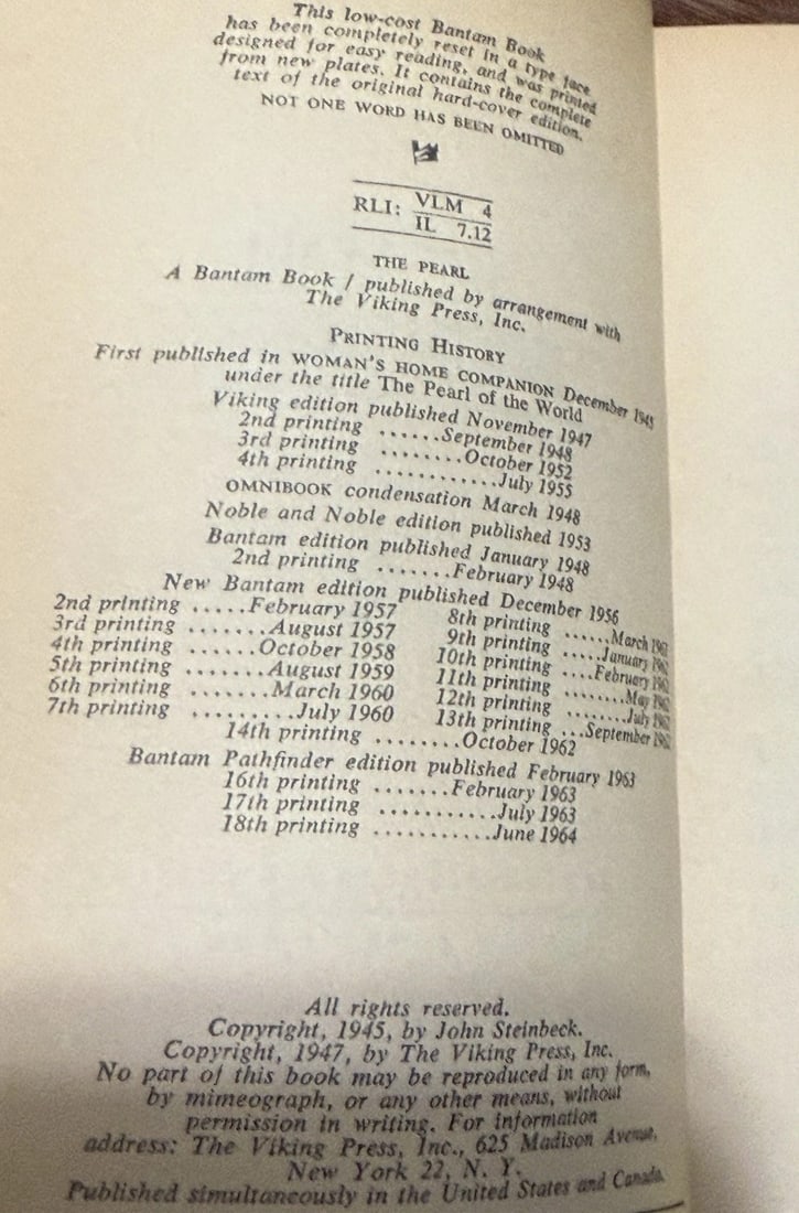 The Pearl by John Steinbeck 1964 18th Paperback A Bantam Pathfinder Edition Good - 5