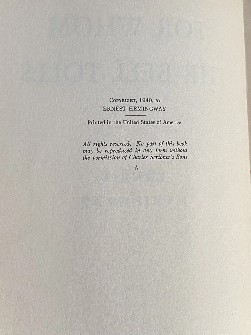 TRUE First Edition "For Whom the Bell Tolls" by Ernest Hemingway (1940) "A" - 5