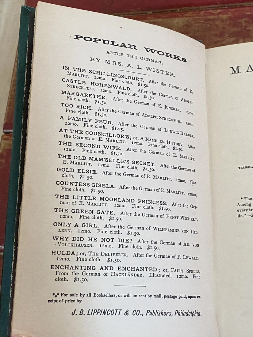 Mrs. A.L. Wister J.B. Lippincott 1880 MARGARETHE OR LIFE PROBLEMS HC Very Good - 12