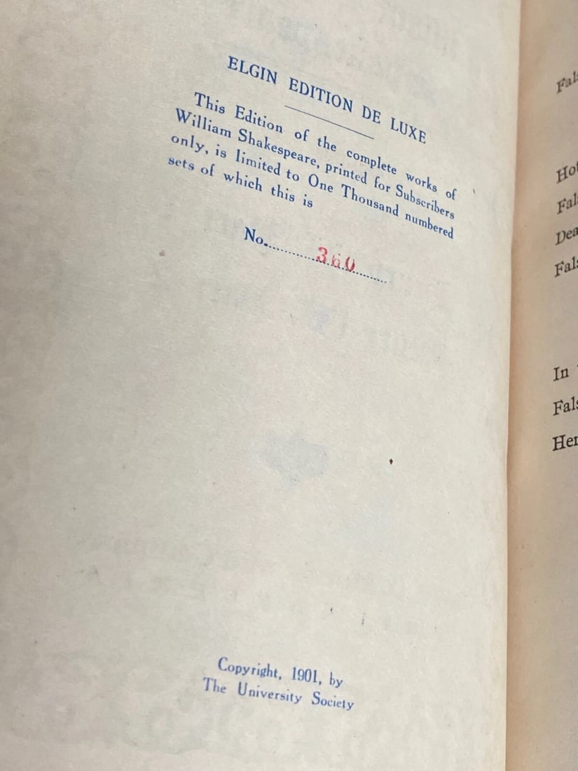 Shakespeares Works Elgin Ed. Deluxe Vol. I 1901 #306 Midsummer Nights;Life Of - 5