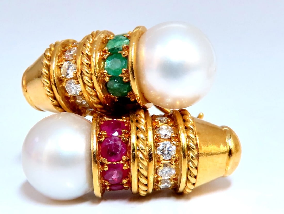 3ct Natural Ruby Emerald Sapphire Pearl clip Earrings 18kt** - 2