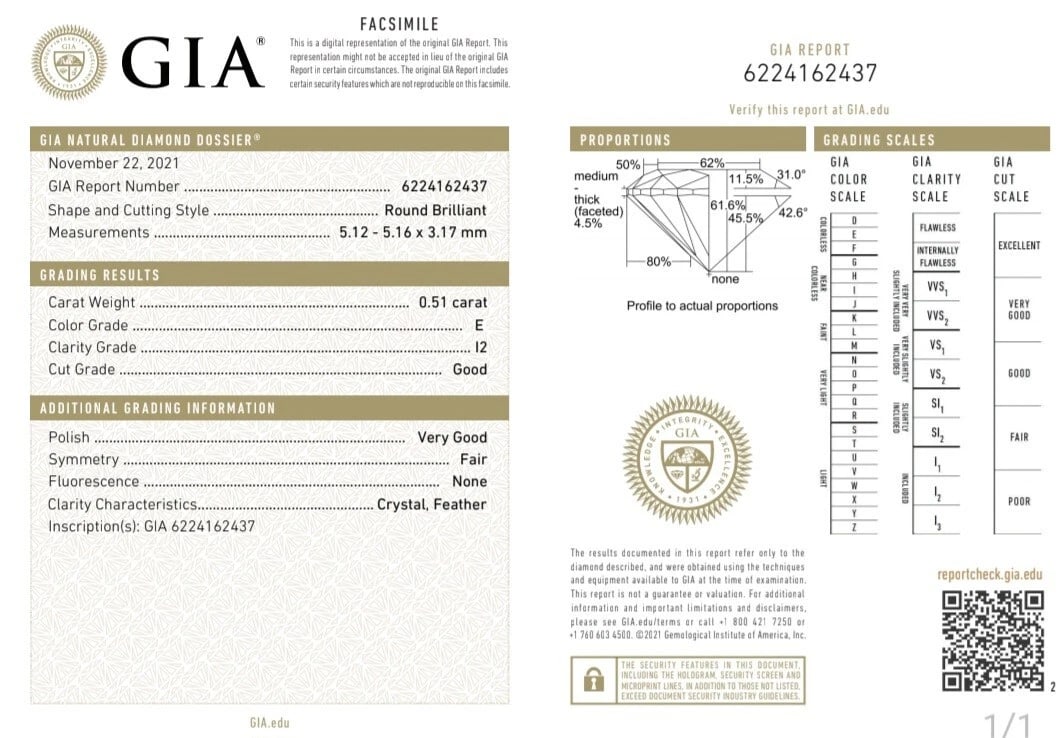 GIA Certified .51ct Natural Round Diamond solitaire ring E/I2 + Band 14kt gold** - 2