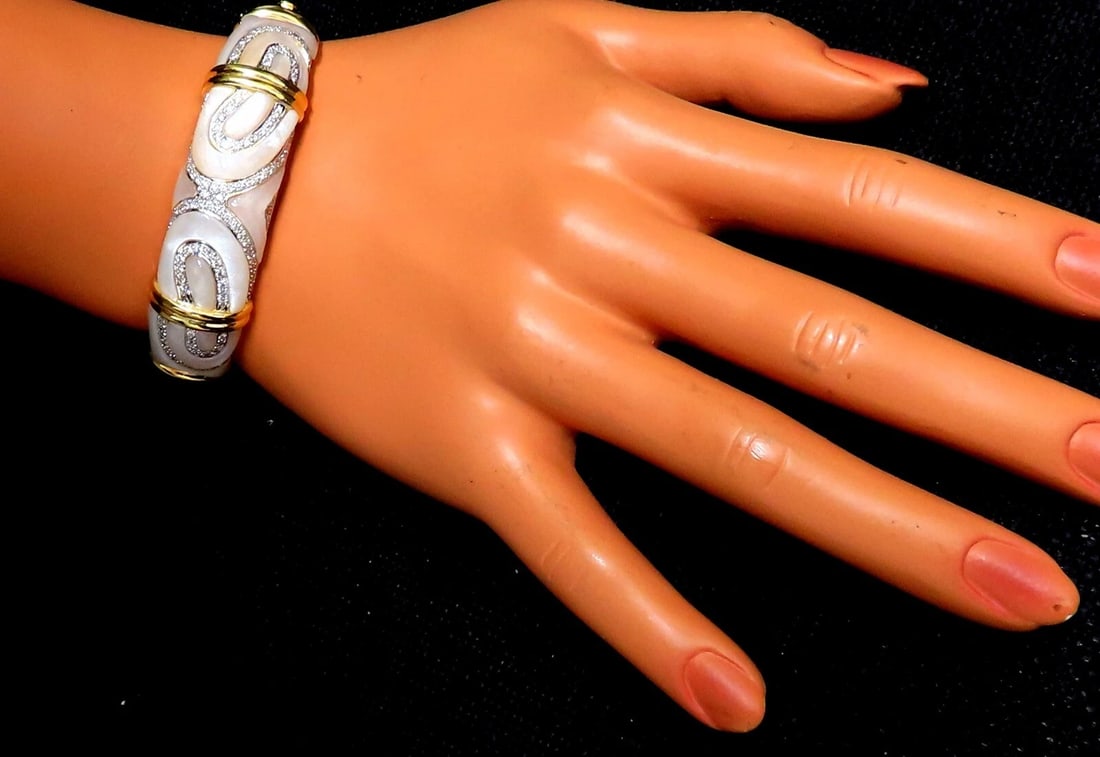 Natural Diamonds Carved Mother of Pearl Bangle Bracelet 18kt** - 7