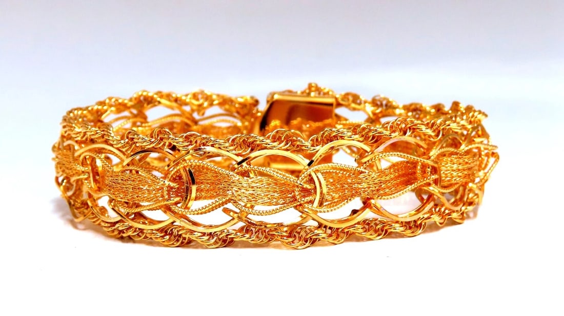 14kt Gold Rope & Tassel Vintage Hand Intricate Bracelet**: Title: 14kt Gold Rope & Tassel Vintage Hand Intricate Bracelet** Description: Rope and Mesh Weave Bracelet Amazing Intricate Detail 16mm Diameter 14 karat yellow gold 28 grams Bracelet measure 7-in