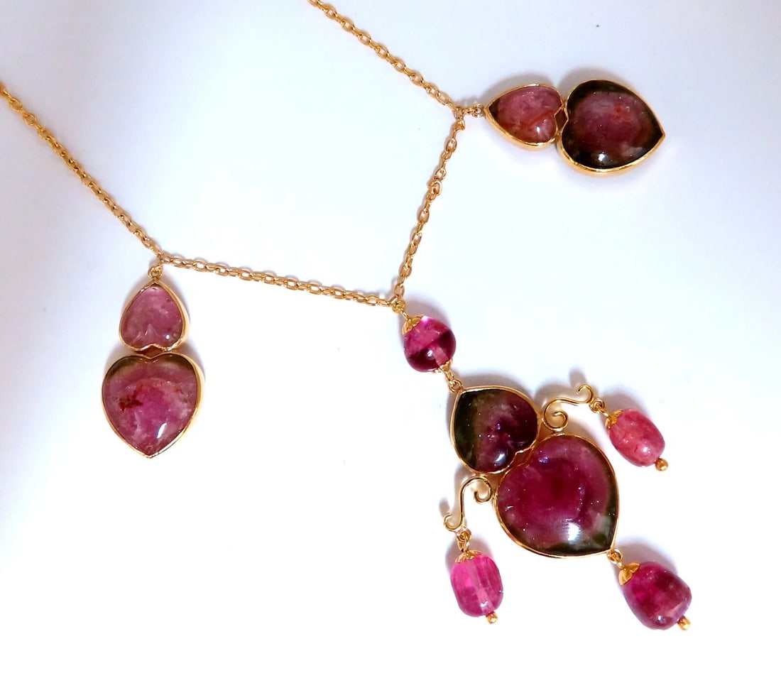 80ct Natural Carved Watermelon Purple Pink Tourmalines Necklace 14kt**: Title: 80ct Natural Carved Watermelon Purple Pink Tourmalines Necklace 14kt** Description: Dangling Hearts 80ct. Natural Pink Tourmaline Necklace. Hearts: 15x17mm-12x11 Semi Transparent Prime