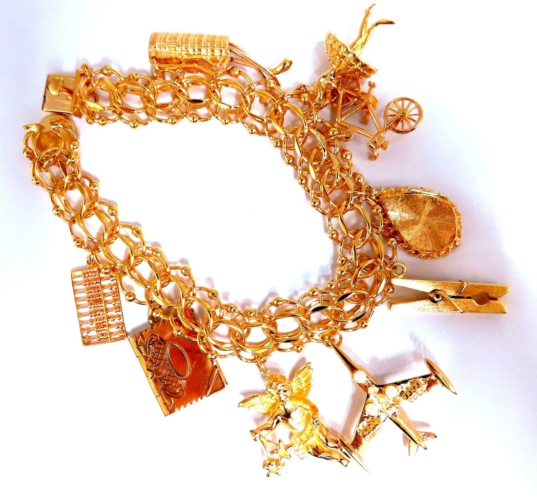 Nine Charms Link Bracelet 14kt gold 7 inch 54gm** (1 of 11)