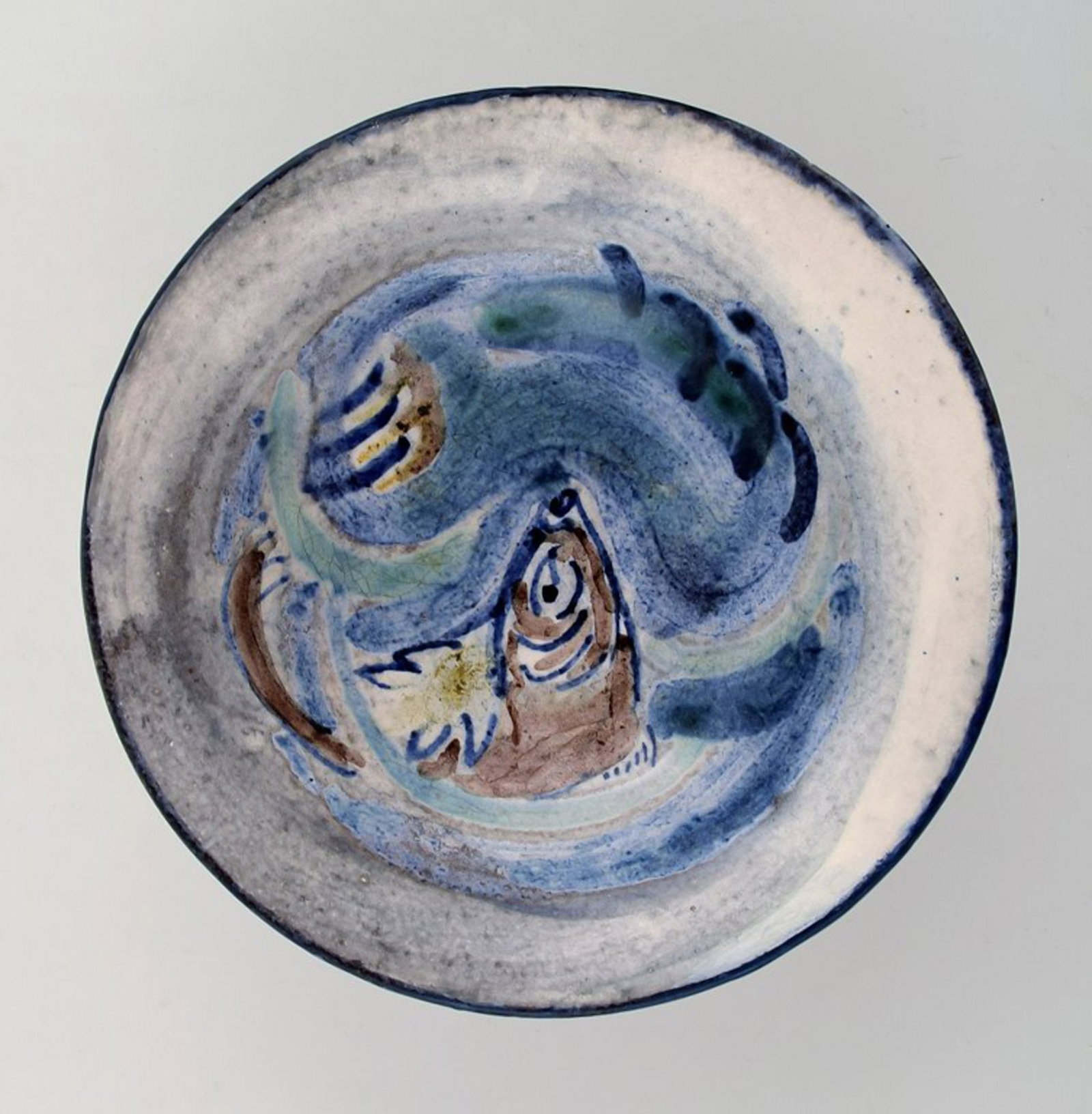 Julie Bloch Kyhn for Kähler, Denmark. Hand painted unique bowl in glazed ceramics with fish (1 of 5)