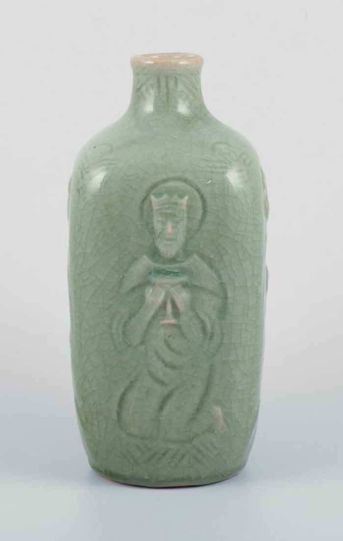 Jais Nielsen for Royal Copenhagen. Ceramic vase in celadon glaze with religious motifs. 1940s. - 3
