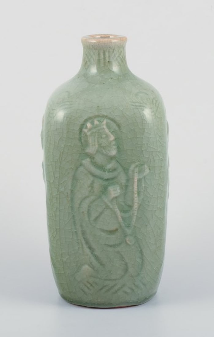 Jais Nielsen for Royal Copenhagen. Ceramic vase in celadon glaze with religious motifs. 1940s. - 4