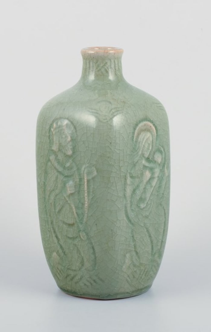 Jais Nielsen for Royal Copenhagen. Ceramic vase in celadon glaze with religious motifs. 1940s. - 5