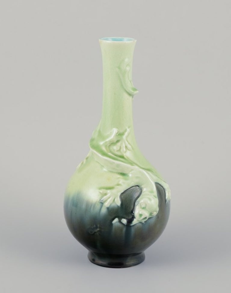 Rörstrand, Sweden. A pair of Art Nouveau faience vases with relief motif of lizards. - 2