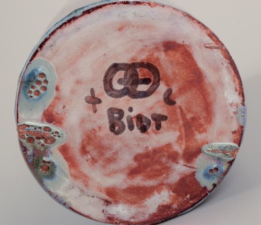 Biot, France. Unique ceramic vase. Cylindrical shape. Glaze in gray-green tones. Approximately - 6