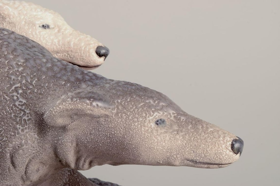 Sevres Vinsare, France. Colossal ceramic sculpture of two running greyhounds. Approx. 1930 - 3