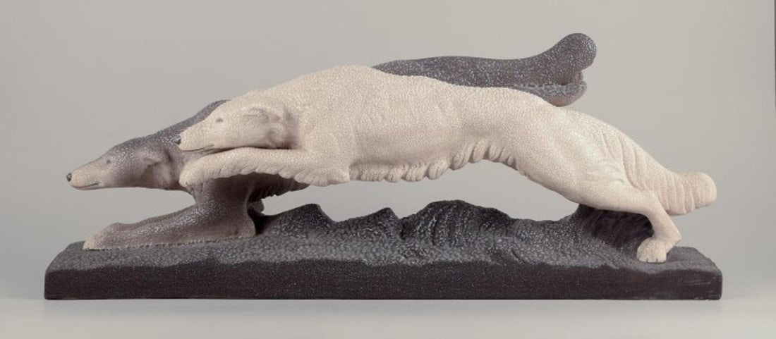 Sevres Vinsare, France. Colossal ceramic sculpture of two running greyhounds. Approx. 1930 - 7