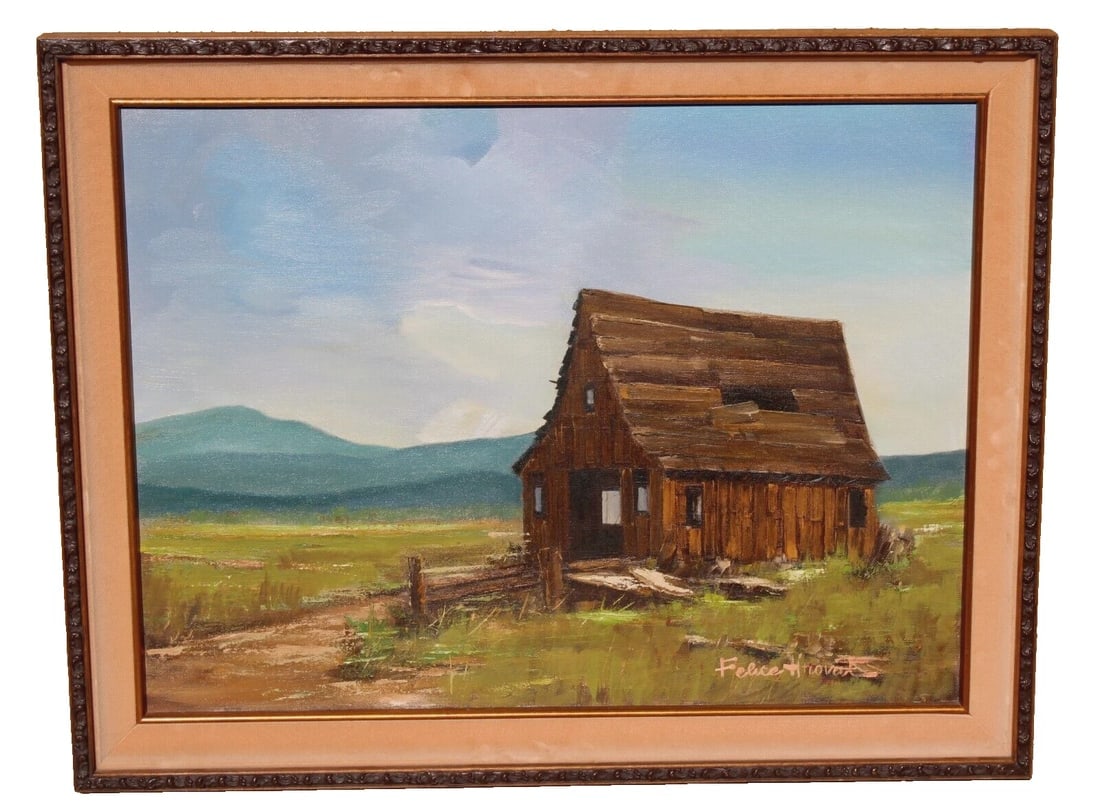 FELICE HROVAT Barn in a Landscape with Blue Mountains oil painting: Title:FELICE HROVAT Barn in a Landscape with Blue Mountains oil paintingDescription:FELICE HROVAT born 1928 in Italy, later moved to Canada and then to Southern California, he is known as an American