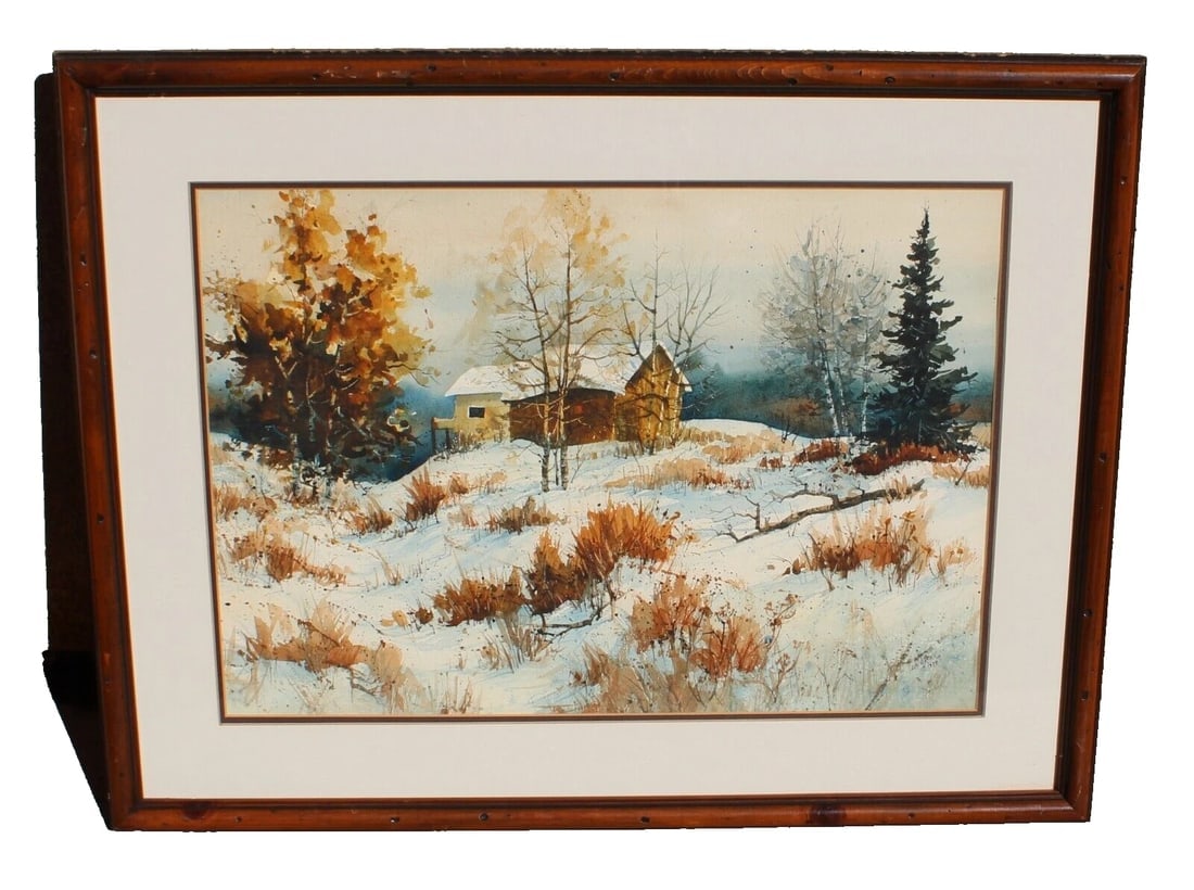 Snow Scene with Barn & Trees 1979 watercolor signed La Croix (1 of 5)