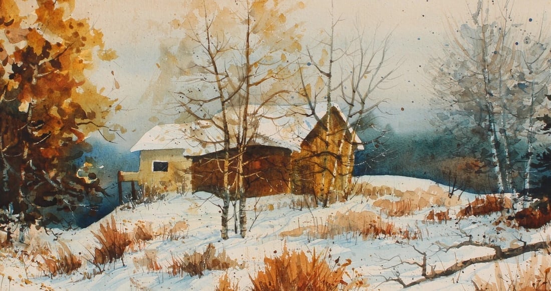 Snow Scene with Barn & Trees 1979 watercolor signed La Croix - 4