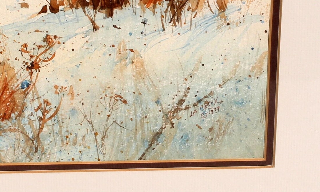 Snow Scene with Barn & Trees 1979 watercolor signed La Croix - 5