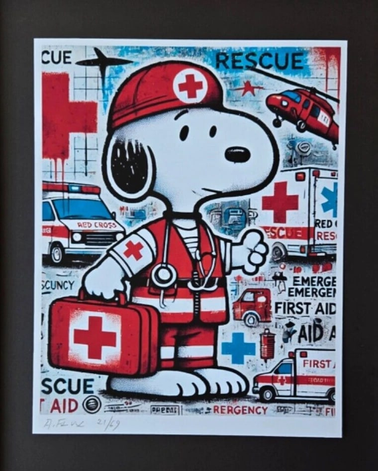 AIDAN FLUX | Hand Signed Authentic Print Framed SNOOPY WORKS AT RED CROSS COA - 3