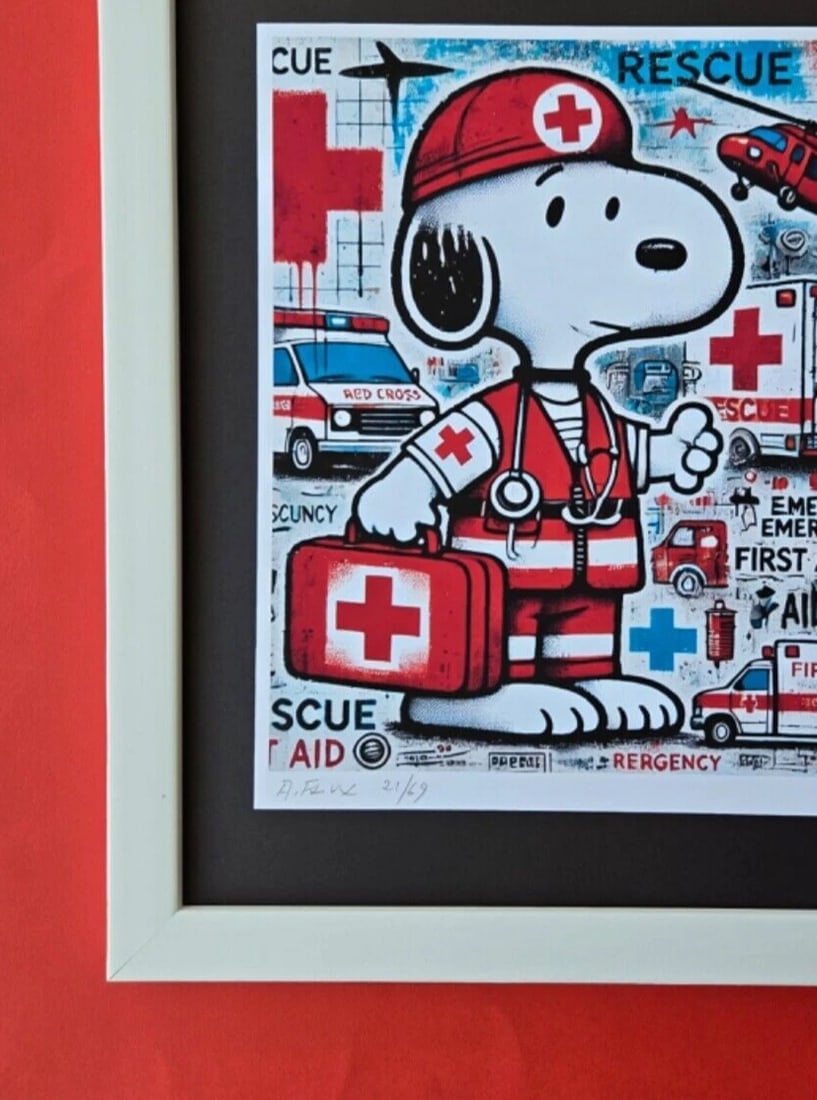 AIDAN FLUX | Hand Signed Authentic Print Framed SNOOPY WORKS AT RED CROSS COA - 4