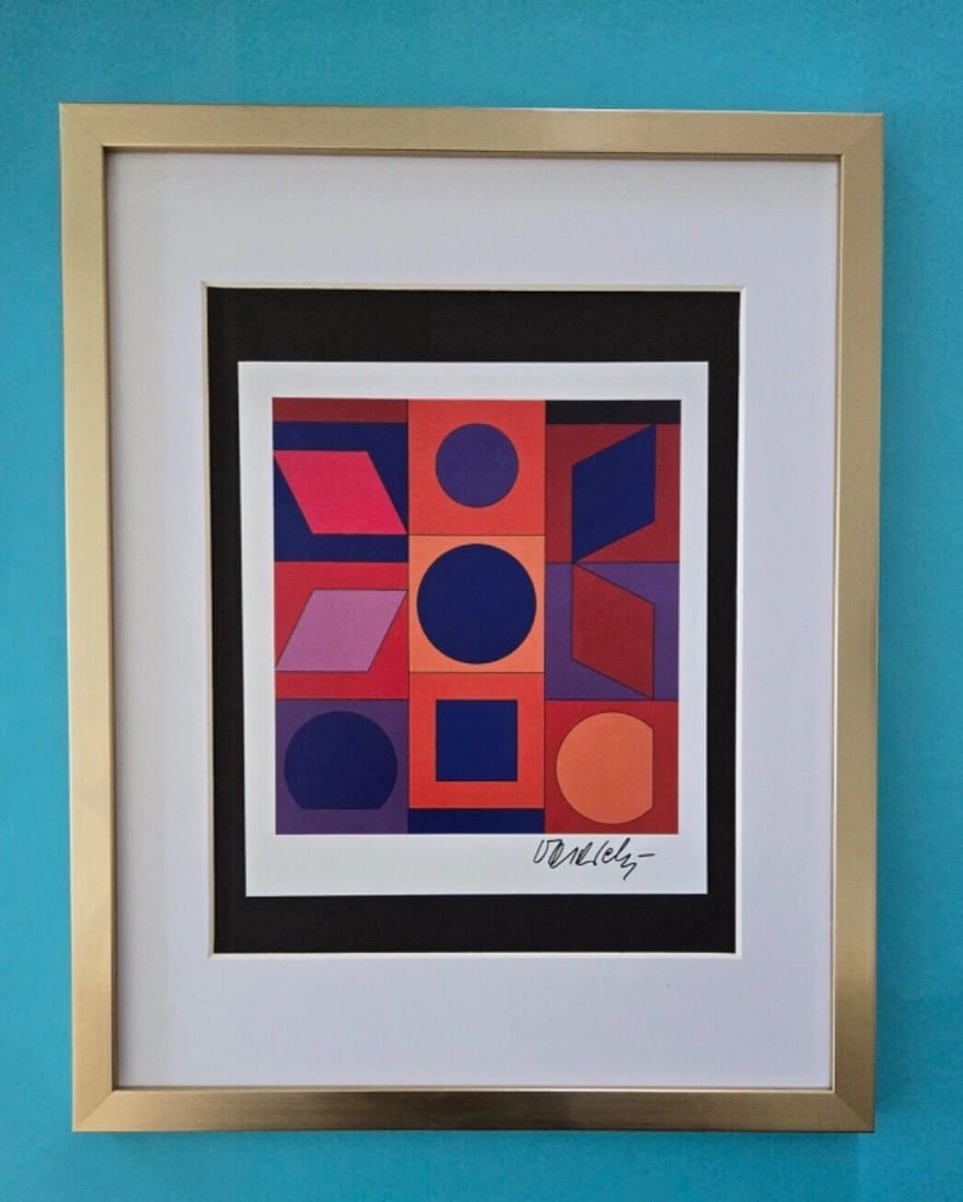 VICTOR VASARELY PRINT FROM 1970 + SIGNED GEOMETRIC ABSTRACT +NEW FRAME 14x11in! (1 of 3)