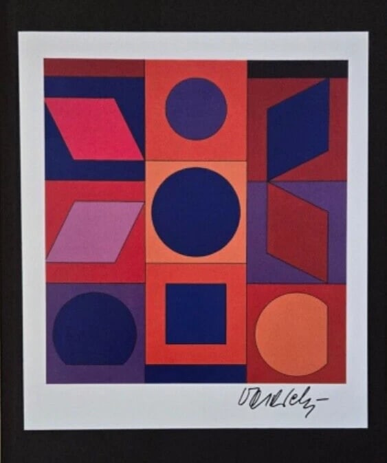 VICTOR VASARELY PRINT FROM 1970 + SIGNED GEOMETRIC ABSTRACT +NEW FRAME 14x11in! - 2