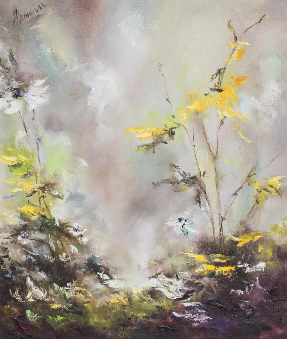 Mystery Artist Flowers in a Landscape Circa 1970's oil painting - 3