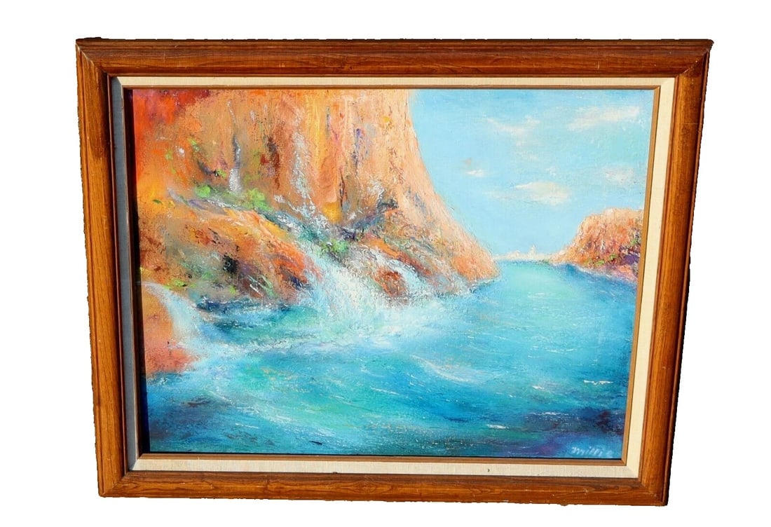 Turquoise Seascape with Cliffs oil painting by California artist Millie (1 of 6)