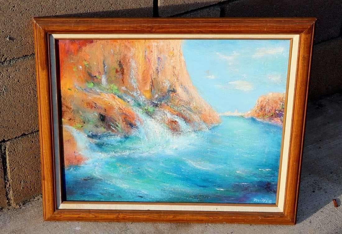 Turquoise Seascape with Cliffs oil painting by California artist Millie - 3