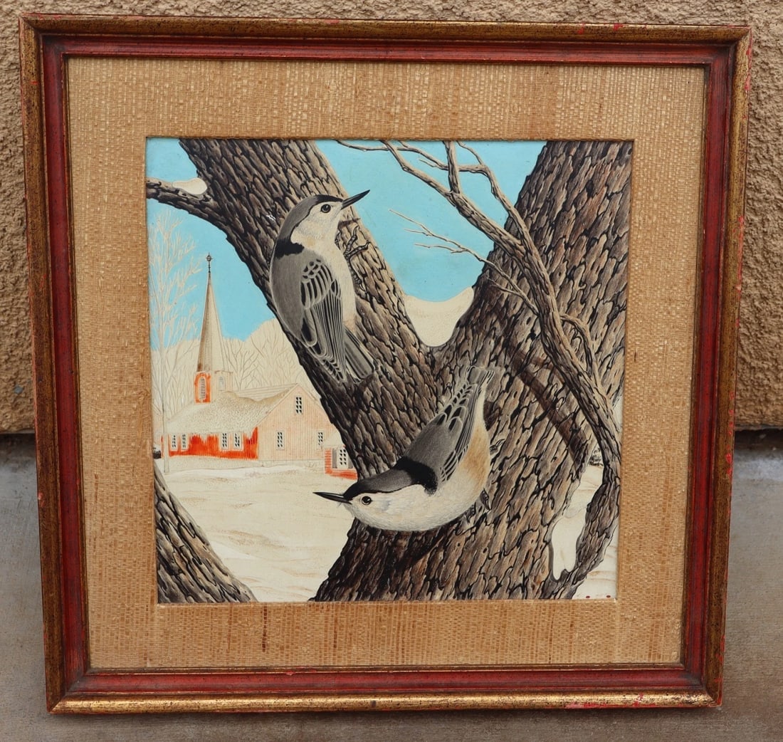 White Breasted Nuthatches Original Mid Century Mixed Media painting - 2