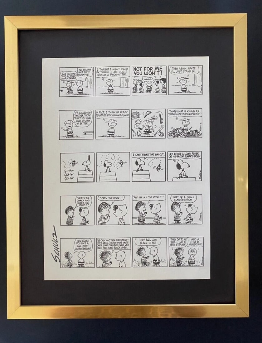 CHARLES SCHULZ Set of 6 Signed Vintage 1968 Peanuts SNOOPY Cartoons FRAMED - 6
