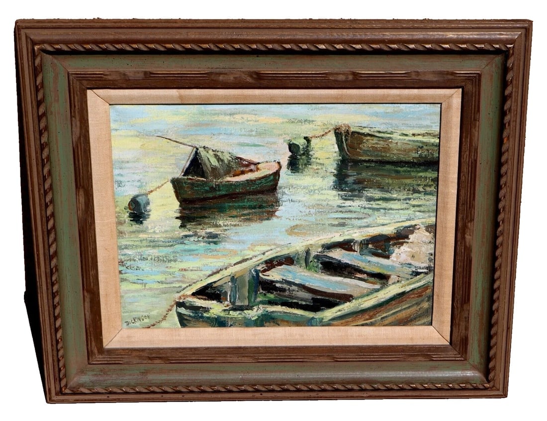 ZELLA DICKINSON California Artist Mid Century painting Rowboats in Sunny Water: Title:ZELLA DICKINSON California Artist Mid Century painting Rowboats in Sunny Water Description:ZELLA DICKINSON (1895-1982). California Artist, Rowboats in "Sunny Water", Circa 1967, 12" x 16" oil an