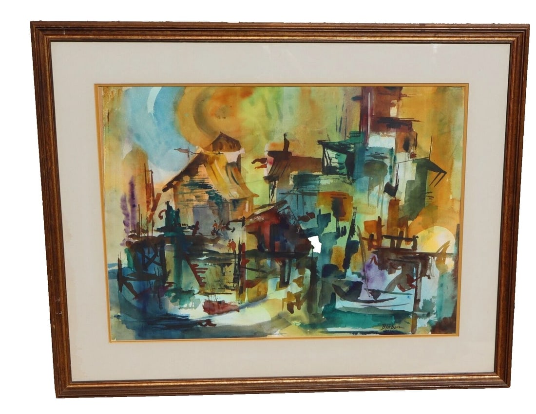 BARBARA BLABON Modernist California watercolor Whorf Scene - 2