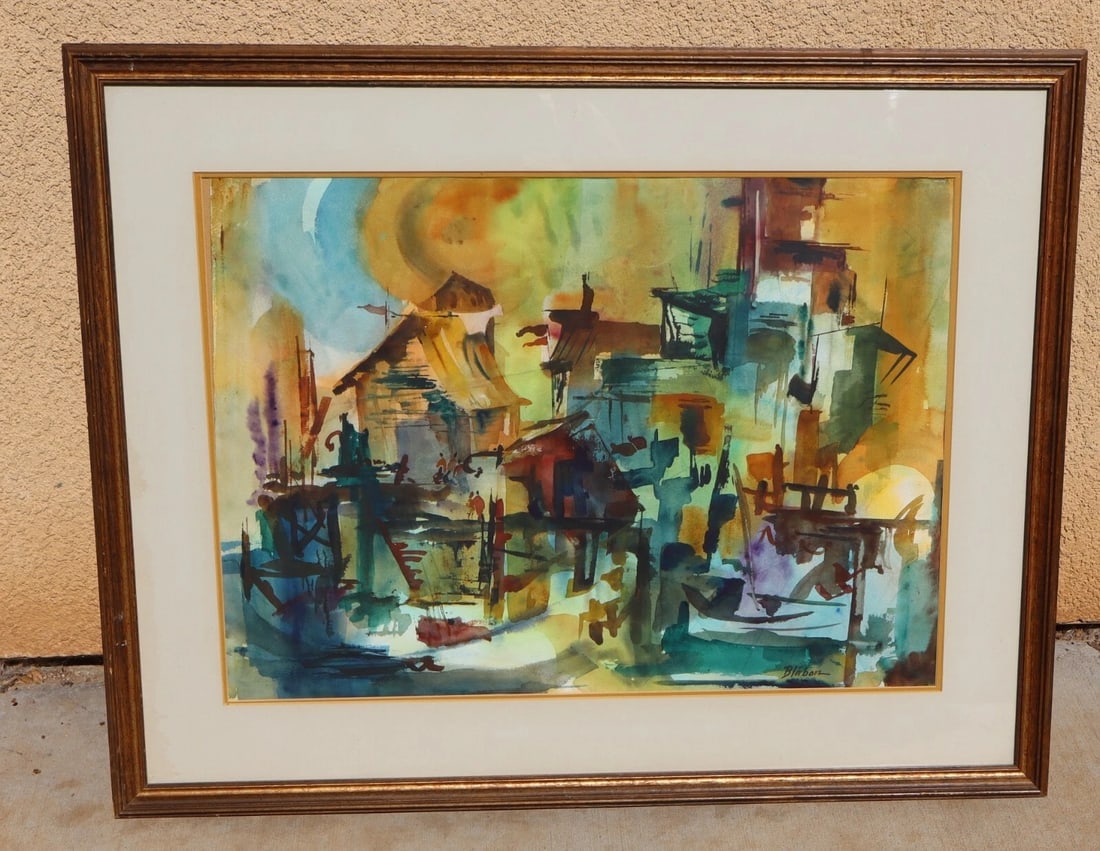 BARBARA BLABON Modernist California watercolor Whorf Scene - 3